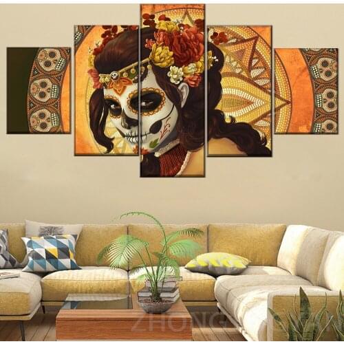 Wall Art Top-Rated Canvas HD Prints Posters Decor Framework 5 Piece Artistic Sugar Skull Paintings Modern Home Decor Artwork