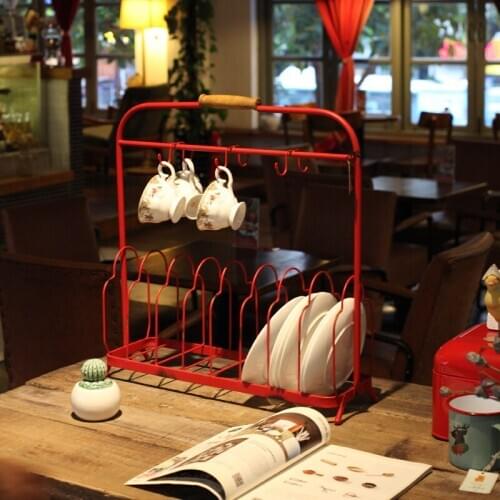Tabletop version metal red hand paint retro rustic dish rack with cup holder