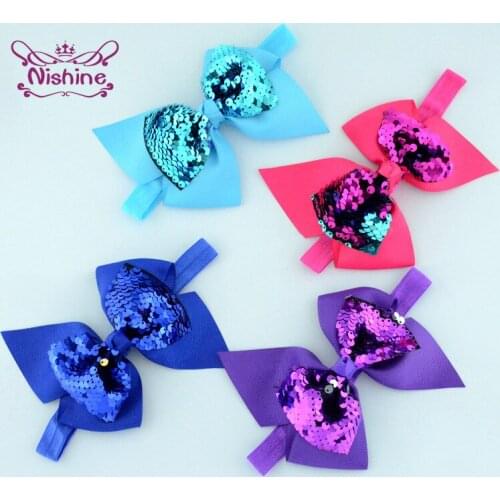 Nishine 12*12 CM Children Bowknot Elastic Hairband Baby Girls Glitter Sequins Bows Headband Newborn Headwear Hair Accessories