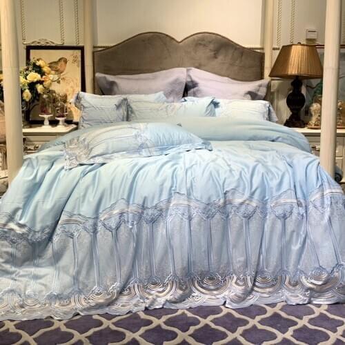New luxury Embroidered 100S Egyptian cotton Royal Bedding sets Queen King Blue Lace Duvet Bed sheet set Pillowcases 4/6pc coffee
