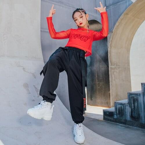 Girls Hip Hop Clothing Red Net Tops Vest Black Pants Casual Overalls Kids Street Dance Wear Jazz Performance Clothes Rave Outfit