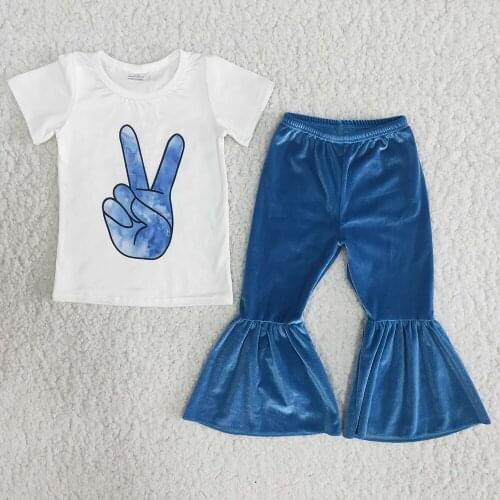 Wholesale Kids Fashion Summer Outfits High Quality Girl Black Top and Blue Bells Toddlers Velvet Pants Set