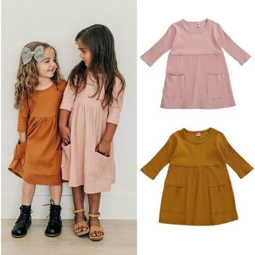 1-5Y Infant Baby Girls Autumn Knit Dress Long Sleeve Solid Pocket Knee Length A-Line Ribbed Dress 4 Colors