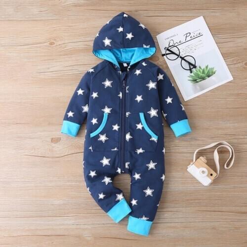 Autumn Baby Boys Long Sleeve Star Print Hoodie Rompers Kids Jumpsuit Fall 2021