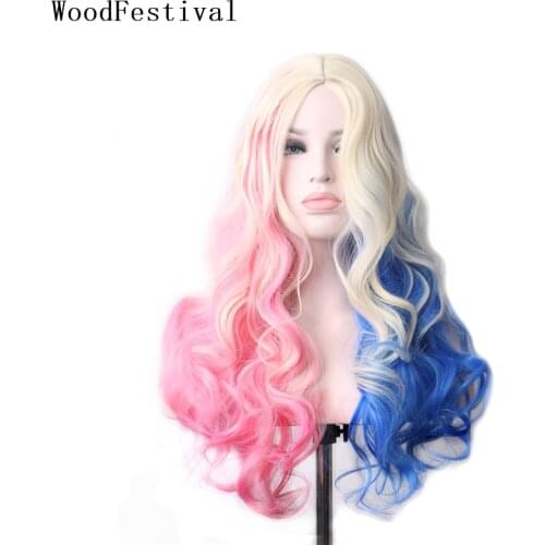WoodFestival Long Wig Female Synthetic Hair Cosplay Colored Wigs For Women Wavy Ombre Pink Blonde Black Purple Blue Brown Gray