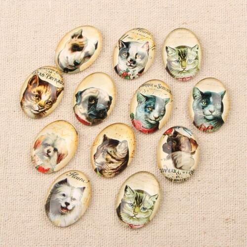 Reidgaller mix handmade vintage cat dog head photo oval glass cabochon 18*25mm diy flatback pendant necklace making accessories