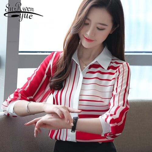 Femal Slim Shirts Striped Shirt Women 2021 Autumn New Korean Women Full Sleeve Shirts Turn-down Collar Chiffon Blouses 6108 50