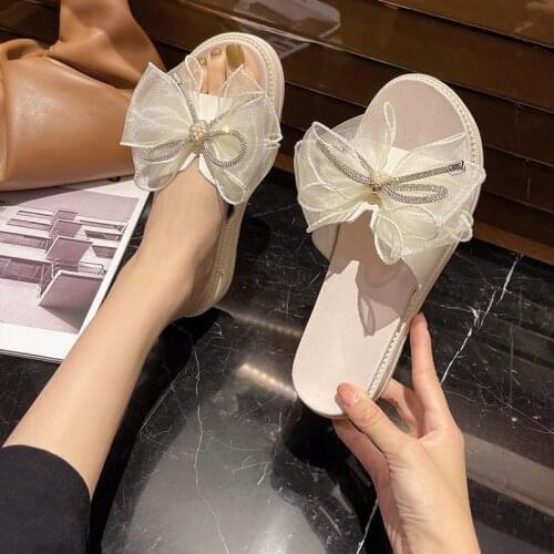 Slippers 2021 New Womens Summer Wear Pearl Bow Thick Bottom Non-Slip Beach Shoes for Women