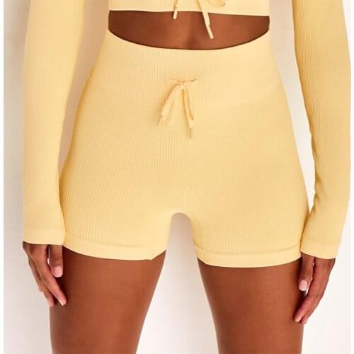 Yoga Shorts Seamless Knitted Fitness Shorts Womens Waist Belt Sports Shorts Gym Workout Shorts Ribbed High Waist Sports Shorts