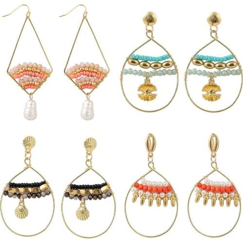 Beaded Boho Stone Hoop Earrings Crystal Handmade Pearl Pendant Bohemian Beads Dangle Earrings Exquisite Jewelry Holiday Gift