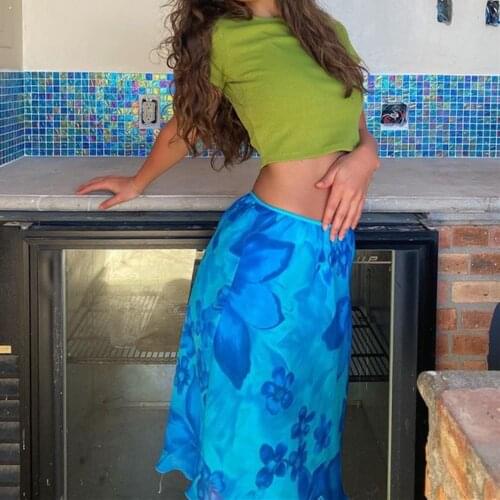 Women Fashion Casual Spring Summer Streetwear Flower Print Boho Female Blue Stylish Dating Midi Skirt Party Shopping Gathering