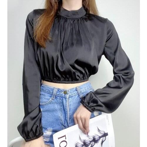 2021 new shirt satin folds lantern sleeve top fashion solid color sexy temperament loose blouse