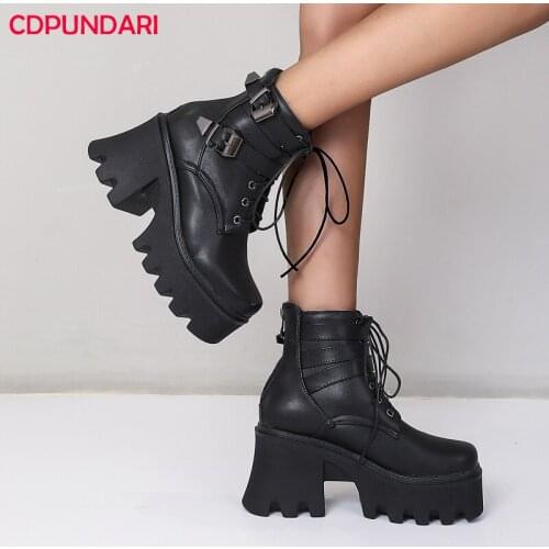 2022 Black High Heels Platform Ankle Boots Women Autumn Winter Buckle Goth Punk Motorcycle Boots Shoes Bottes Plateforme Femme
