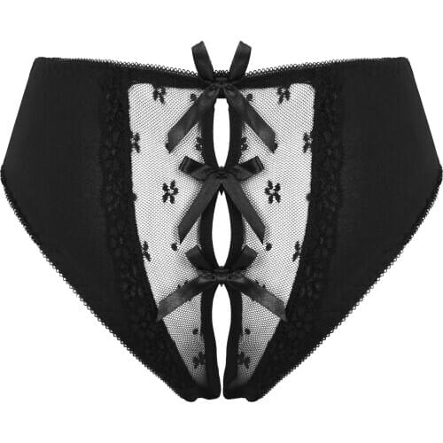 Womens Femme Hollow Out Lace Bowknot Crotchless Sissy Briefs Panties See-through Mesh Patchwork Lingerie Underwear Underpants