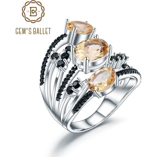 GEMS BALLET 3.42Ct Natural Citrine Birthstone Ring 925 Sterling Silver Three Stone Vintage Rings For Women Gift Fine Jewelry