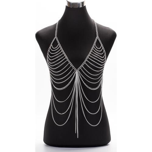 New European Style Long Tassel Sexy Bikini Breast Necklace Women Gold Color Body Chain Jewelry BY17