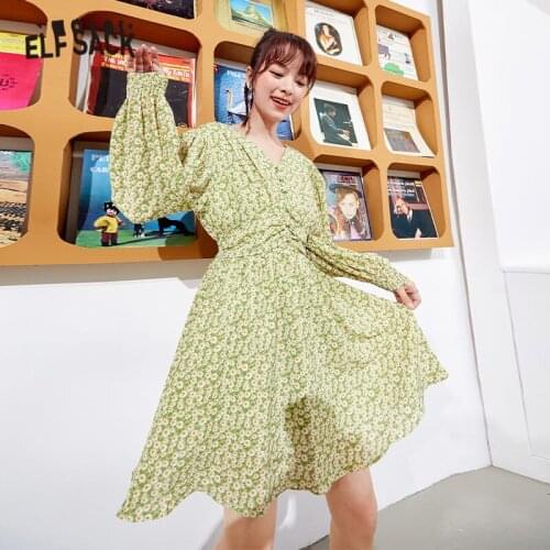 ELFSACK Floral Print Casual Vintage Dresses Women,2021 Summer ELF Full Sleeve Ladies Daily Summer Bohemia Holiday Dress