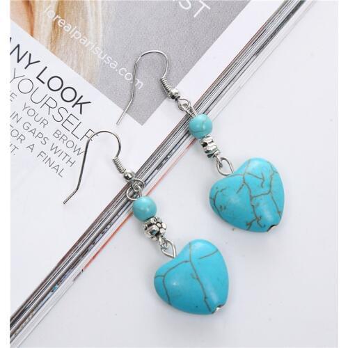 2020 Women Drop Earrings Jewelry Retro Simple Heart Shape Engraving Stone Turquoised Earrings Features Texture Stone Earring