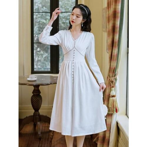 2021 New Autumn Korean Elegant Runway Dress Women Vintage V-Neck Long Sleeve Ruffles Casual Party Dress
