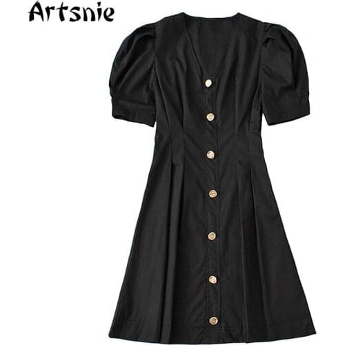 Artsnie High Waist Button Short Dress Women Summer 2021 V Neck Puff Sleeve Streetwear Black Ladies Mini A Line Dresses Vestidos