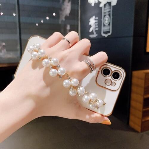 11 Pro Case Luxury Pearl Diamond Gold Glitter Bracelet Hand Holder Cases for iPhone 12 Pro Max 8 Plus 7 XR XS X Plated Cover