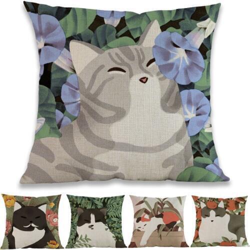 Cartoon Hand-painted Style Cats and Plant Flowers Pattern Home Decoration Cushion Cover Sofa Car Room Throw Pillow Case
