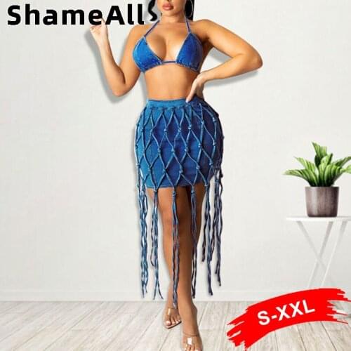 Hollow Out Woven Mesh Denim 2 Two Piece Sets Strapless Sling Vest Crop Tops and Tassel Patchwork Jeans Skirt Night Club Outfits