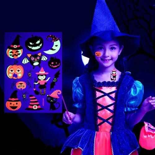 Big Size Fluorescent Temporary Tattoo Halloween Zombie Pumkin Halloween Tattoo Sticker Kids Cartoon Animal Anime Scar Sticker