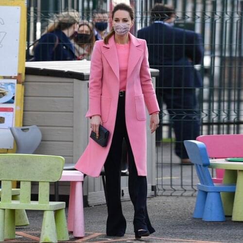 Kate Middleton Plus Size High Quality Elegant Formal Office Lady Workplace Pink Cashmere Woolen Overcoat