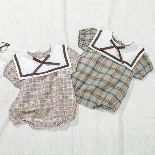 Newborn Baby Girls 100% Cotton Rompers Infant Short Sleeves Plaid Printed Preppy Style Jumpsuit Children Kids One-piece Clothes