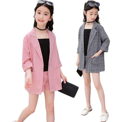 Teenage Girls Clothing Set Summer Gray Pink Jackets Shorts Tracksuit 3pcs School Uniform Girls Clothes Children Outfits 10 Year
