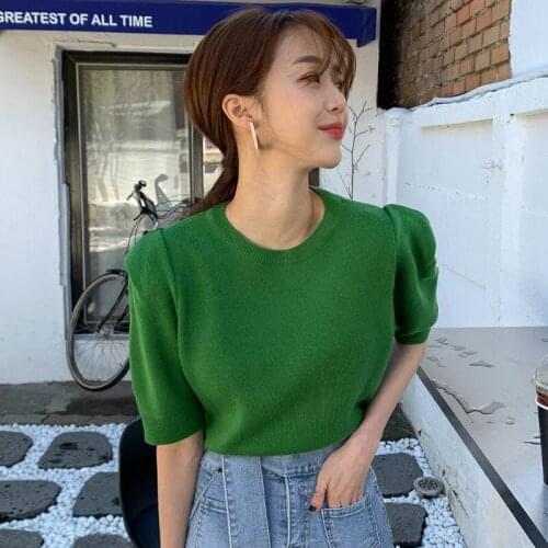 Korea chic summer age reduction wild round neck pullover loose thin casual puff sleeve sweater T-Shirt women