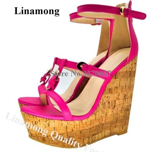 Linamong Newest Summer Fashion Open Toe High Platform Wedge Sandals Rose Red Orange Buckles Wedges Height Increased Dress Shoes
