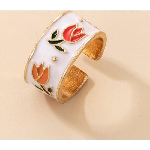 QiLuxy Fashion Enamel Flower Opening Rings for Women Adjustable Simplicity Personality Rings Female Jewelry Party Gifts