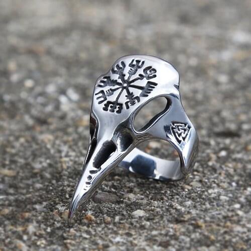 Gothic Helmet of Awe Odin Crow Skull Ring Mens Stainless Steel Viking Valknut Ring Biker Ring Fashion Street Jewelry Gift