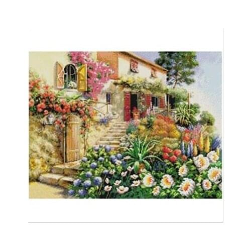 Factory Shop Free Shipping Cross Stitch Kit Summer Afternoon Flowers Plants Tree Cabin Hot Sell