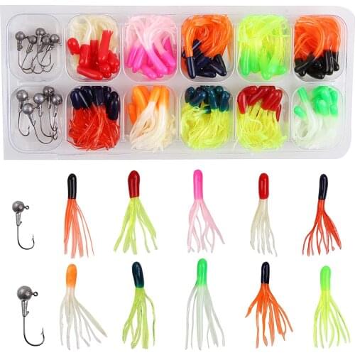 110pcs Crappie Tube Baits with Jig Heads Hooks Plastic Worms Soft Plastic Bait Set Trout Fishing Kit