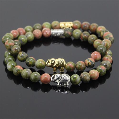 New design natural 6mm green unakite round stone beads women bracelet charm beaded elephant animals men bracelet