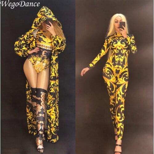 New Sexy Women Stage Gold Jumpsuit Coat 3D Print Bodysuit Nightclub Party Dancer Singer Stage Wear singer costume for woman