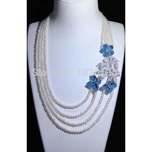 4rows freshwater pearl near round 5-6mm necklace 17-19inch nature blue zircon flower wholesale