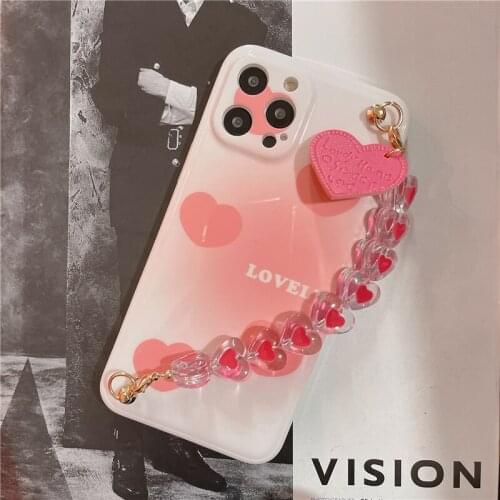 Cute Love Chain Bracelet Shockproof Case for iPhone X XS Max XR 11 Pro Max 12 Pro 11 7 8 Plus 12 mini Red Heart Gradient Case