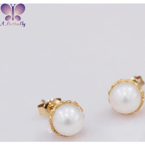 9K Yellow Gold Natural Seawater Pearl Stud Earrings Light Luxury Retro Pattern Jewelry Earrings Birthday Gift