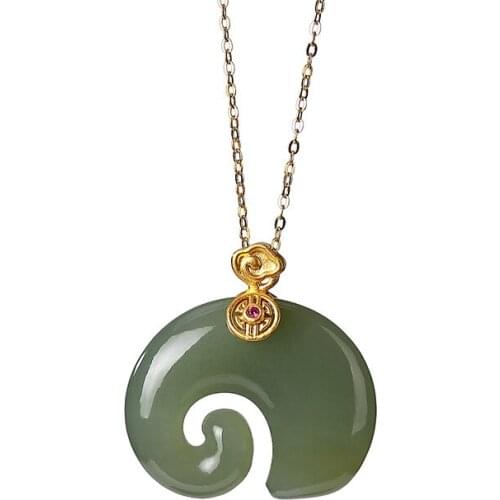 Pure gold inlaid natural Hetian gray jade pendant retro national trend auspicious Elephant Lady pure gold pendant