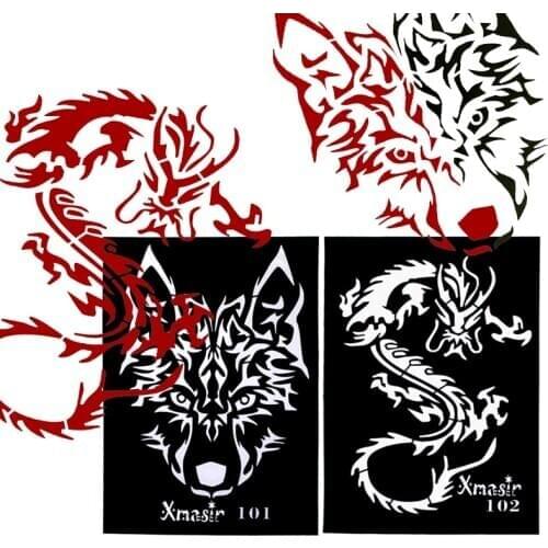 2pcs Large Size Glitter Airbrush Tattoo Stencils Men Drawing Template, Big Wolf Dragon Arm Back Sticker Body Paint 13* 19cm