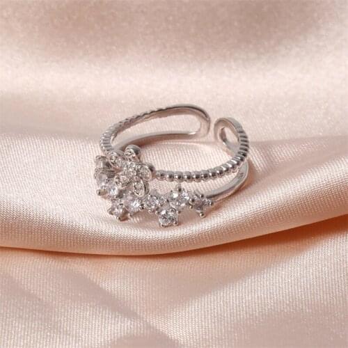 Gothic Simple Ladies Rings Micro-inlaid White Crystal Zircon Double Layer Open Ring for Bridal Wedding Engagement Jewelry Gift