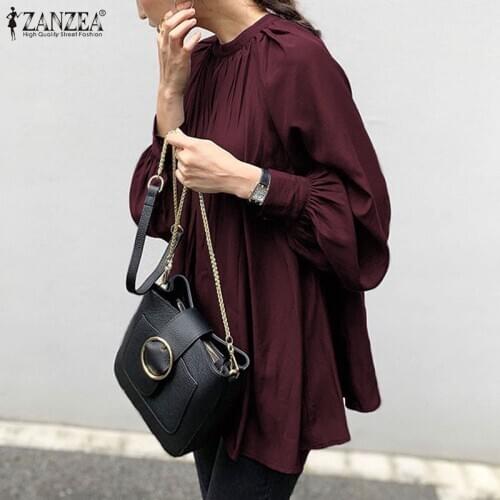 ZANZEA 2021 Women Pleated Blouse Elegant Back Button Shirts Autumn Blusas Female Puff Sleeve Tops Casual Solid Tunic 7