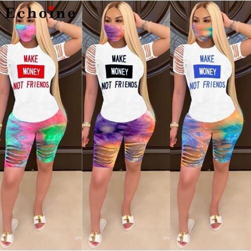 Womens Letters Tie-Dye Printed Two-Piece Set Casual T-shirt Line Hollow Out Hole Short Pants Jogger Active Tracksuit Streetwear