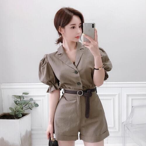 S-XL Plus Size Korean Style Singer Breasted Corset Slim Summer Sheer Trousers Bodysuit Ladies Puff Sleeve Short Blazer Jumpsuit