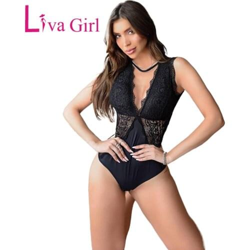 LIVA GIRL Black V Neck Crochet Lace Splicing Woman Backless Bodysuit Female Hollow Out Summer Slim Sleeveless Bodycon Jumpsuit