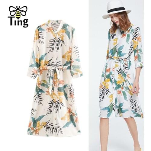 Tingfly Women Sunmer Casual Shirt Dress Stand Collar Tropical Leaf Print Lady Single Breasted Street Fashion Dress Plus Size 2XL